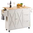 VEVOR Kitchen Island Cart με μασίφ ξύλινη κορυφή, 45,3&quot; πλάτος κινητά καρότσια με ντουλάπι αποθήκευσης, κυλιόμενο τραπέζι κουζίνας με σχάρα μπαχαρικών, σχάρα για πετσέτες, φύλλο και συρτάρι, φορητά νησιά σε ρόδες, λευκό