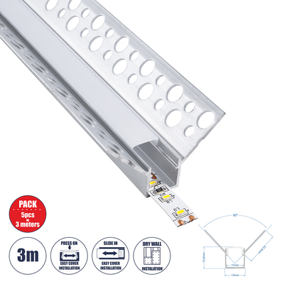 GloboStar® PLASTERBOARD-PROFILE 70836-3M Προφίλ Αλουμινίου - Βάση & Ψύκτρα Ταινίας LED με Λευκό Γαλακτερό Κάλυμμα - Χωνευτή Γωνιακή Χρήση σε Εσωτερική Γωνία Γυψοσανίδας - Trimless - Πατητό Κάλυμμα - Ασημί - 3 Μέτρα - Πακέτο 5 Τεμαχίων - Μ300 x Π3.1 x Υ1.3cm