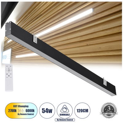 GloboStar® FELIX 61028-W Γραμμικό Φωτιστικό Τοίχου - Απλίκα Linear LED CCT 54W 6500lm 120° AC 220-240V Μ120 x Π3.5 x Υ7cm - Εναλλαγή Φωτισμού μέσω Τηλεχειριστηρίου All In One Ψυχρό 6000k+Φυσικό 4500k+Θερμό 2700k Dimmable - Μαύρο - 3 Years Warranty