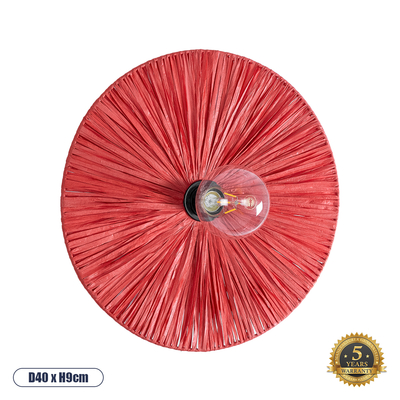 GloboStar® COLOMBO 02281 Boho Φωτιστικό Τοίχου - Απλίκα Μονόφωτο 1 x E27 AC 220-240V IP20 - Φ40 x Υ9cm - Κόκκινη Φυσική Ράφια Άχυρο Πλέγμα