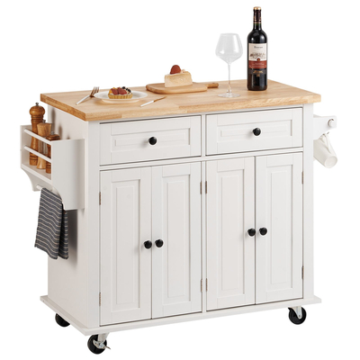 VEVOR Kitchen Island Cart με μασίφ ξύλινη μπλούζα, 35,4&quot; πλάτους κινητά καρότσια με ντουλάπι αποθήκευσης, κυλιόμενο τραπέζι κουζίνας με σχάρα μπαχαρικών, σχάρα για πετσέτες και συρτάρι, φορητά νησιά σε ρόδες, λευκό