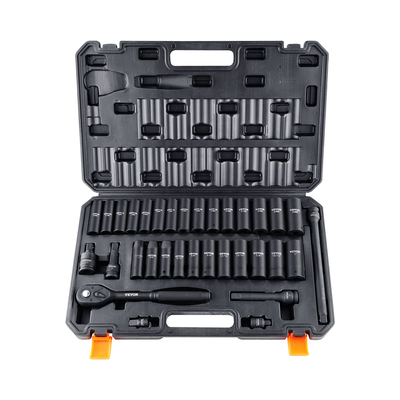 VEVOR 1/2&quot; Drive Impact Socket Set, 33 Piece Socket Set SAE 3/8&quot;-1&quot; and Metric 10-24mm, 6 Point Cr-V Alloy Steel for Auto Repair, Ευανάγνωστα σημάδια μεγέθους, Στιβαρή κατασκευή, Περιλαμβάνει θήκη αποθήκευσης