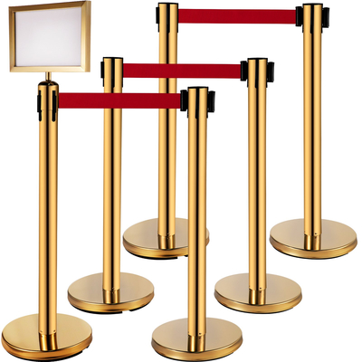 VEVOR Stanchion Post Barriers 4-σετ διαχωριστικά γραμμής, ορθοστάτες από ανοξείδωτο χάλυβα με 6,6 κόκκινες αναδιπλούμενες ζώνες, ορθοστάτες με πλαίσιο μίας πινακίδας, 34,6 ορθοστάτες ασφαλείας ουράς (χρυσός)