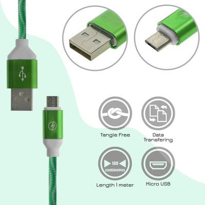 Πλεκτό Καλώδιο Φόρτισης - Δεδομένων Micro Usb Green 1m