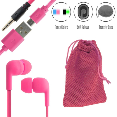 Stereo Hi-Fi Earphones Pink+ Θήκη Πουγκί+ Usb to Micro