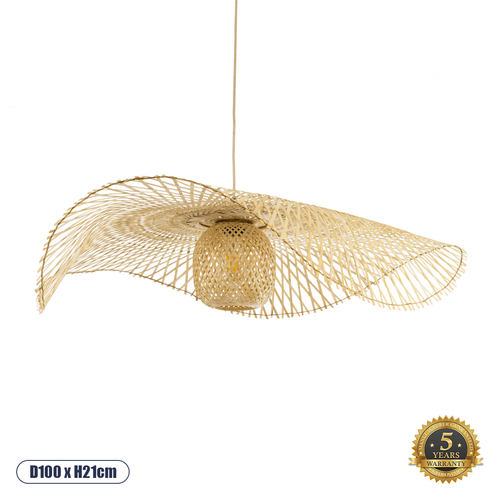 GloboStar® CINNABAR 01838 Boho Κρεμαστό Φωτιστικό Οροφής Μονόφωτο 1 x E27 AC220-240V IP20 - Φ100 x Υ21cm - Μπεζ Ξύλινο Μπαμπού Πλέγμα - 5 Χρόνια Εγγύηση