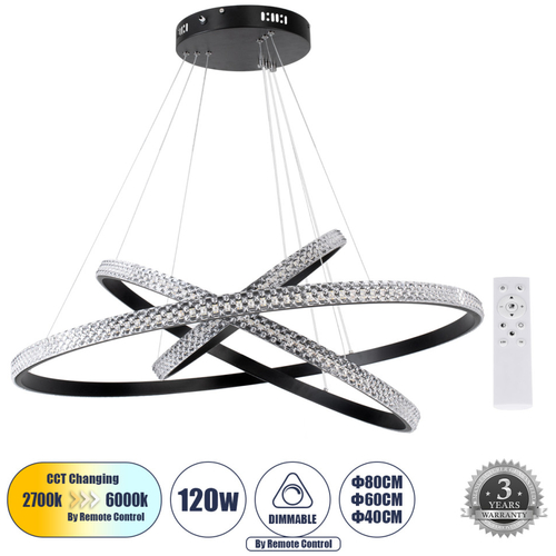 GloboStar® DIAMOND TRIO 61138-DECO Κρεμαστό Φωτιστικό Δαχτυλίδι-Κύκλος LED CCT 120W 14723lm 360° AC 220-240V - Εναλλαγή Φωτισμού μέσω Τηλεχειριστηρίου All In One Ψυχρό 6000k+Φυσικό 4500k+Θερμό 2700k Dimmable Φ40+60+80cm - Μαύρο - 3 Years Warranty