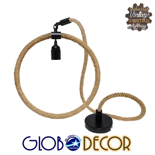 GloboStar® MALVERN 10001239 Vintage Industrial Κρεμαστό Φωτιστικό Οροφής Μονόφωτο 1 x E27 Μαύρο Μεταλλικό με Μπεζ Σχοινί Μ34 x Π22 x Υ34cm