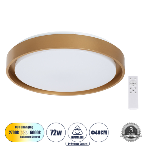 GloboStar® BARCHETTA 61399-S Πλαφονιέρα Οροφής LED CCT 72W 8306lm 120° AC 220-240V - Εναλλαγή Φωτισμού μέσω Τηλεχειριστηρίου All In One Ψυχρό 6000k+Φυσικό 4500k+Θερμό 2700k Dimmable Φ48cm - Χρυσό - 3 Years Warranty