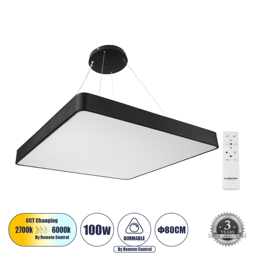 GloboStar® KAMALA 61210-P Κρεμαστή Πλαφονιέρα Οροφής LED CCT 100W 11020lm 120° AC 220-240V - Εναλλαγή Φωτισμού μέσω Τηλεχειριστηρίου All In One Ψυχρό 6000k+Φυσικό 4500k+Θερμό 2700k Dimmable Μ80 x Π80 x Υ8cm- Μαύρο - 3 Years Warranty