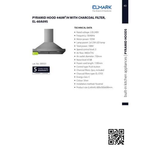 ELMARK EL-60A09S PYRAMID HOOD 440m3/h WITH FILTER