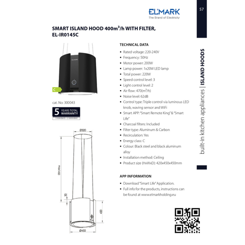 ELMARK EL-IR0145B ISLAND HOOD 400m3/h WITH FILTER