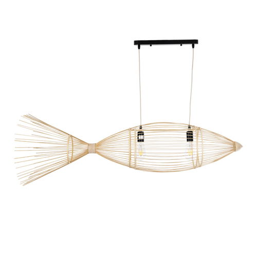 GloboStar® FISH 01927 Μοντέρνο Κρεμαστό Φωτιστικό Οροφής  2 x E27 AC 220-240V IP20 - Μ130 x Π42 x Υ42cm - Μπεζ Ξύλινο Πλέγμα