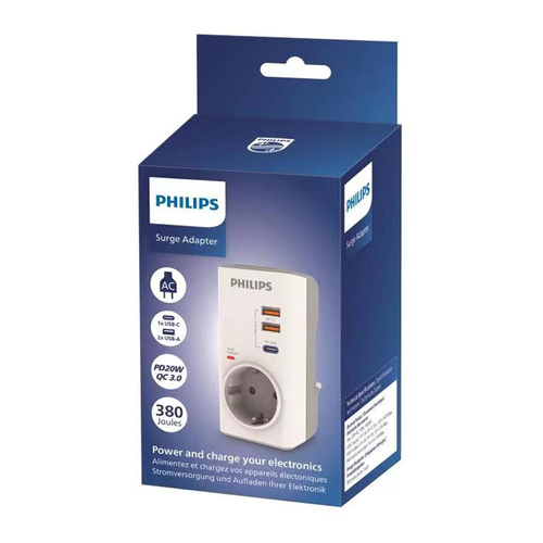 PHILIPS αντάπτορας ρεύματος CHP8010W/10, 1 θέση, USB-C/USB, 380J, λευκός