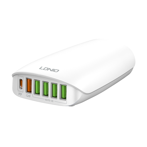 LDNIO σταθμός φόρτισης A6573C, USB-C/5x USB, 65W, PD/QC, λευκός