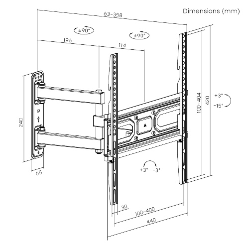 POWERTECH επιτοίχια βάση PT-1131 για τηλεόραση 32-55", full motion, 35kg