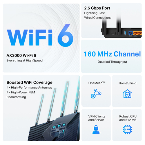 TP-LINK Router Archer AX55 Pro, WiFi 6, 3Gbps AX3000, Dual Band, V.1.0