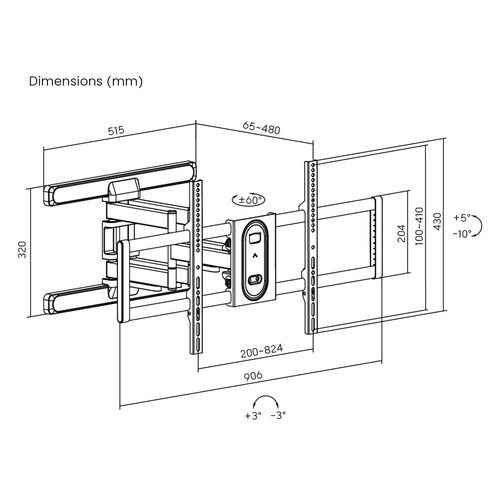 POWERTECH επιτοίχια βάση PT-1280 για τηλεόραση 43-100", full motion, 60kg