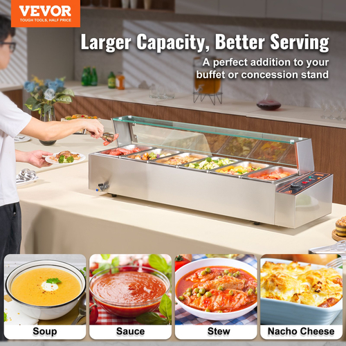 VEVOR Commercial Electric Food Warner Countertop Buffet 6*5Qt with Glass Shield