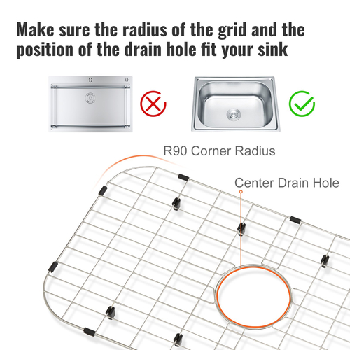 Πλέγμα προστασίας νεροχύτη VEVOR, σχάρες νεροχύτη από ανοξείδωτο χάλυβα 26&quot;x14&quot;, κεντραρισμένες σχάρες νεροχύτη αποστράγγισης με γωνιακή ακτίνα R90, μεγάλα πλέγματα κάτω μέρος νεροχύτη, αξεσουάρ νιπτήρα νιπτήρα γενικής χρήσης για μπολ για νεροχύτη κουζίνας, ασημί