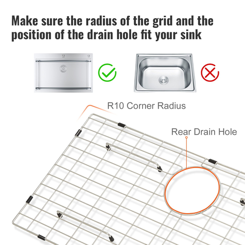 Πλέγμα προστασίας νεροχύτη VEVOR, σχάρες νεροχύτη από ανοξείδωτο ατσάλι 27,5&quot;x13,5&quot;, πίσω σχάρες νεροχύτη αποστράγγισης με γωνιακή ακτίνα R5, μεγάλα πλέγματα κάτω νεροχύτη, αξεσουάρ νιπτήρα νιπτήρα γενικής χρήσης για μπολ για νεροχύτη, ασημί