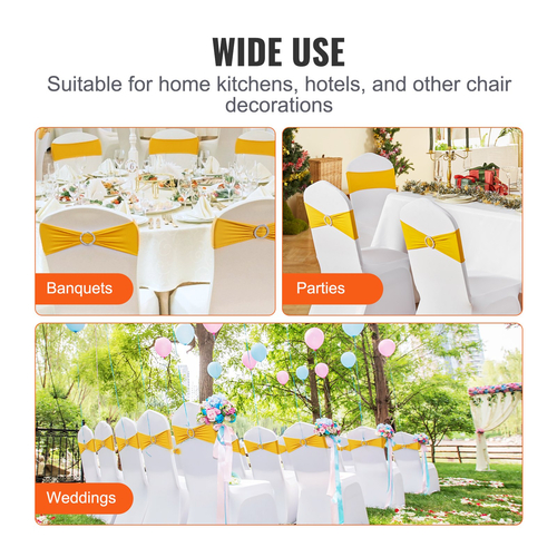 VEVOR 100 PCS Golden Yellow, Stretch Spandex Chair Sashes, Chair Slipcover and Stretch Chair Sash with Στρογγυλή πόρπη, Ελαστικές ταινίες καρέκλας, Εφαρμογή γάμου, Γιορτές, Δείπνο, Διακόσμηση καρέκλας πάρτι