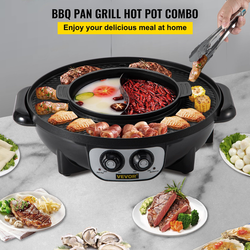 VEVOR 2 σε 1 Ηλεκτρική ψησταριά και Hot Pot, 2200W BBQ Grill and Hot Pot, Πολυλειτουργικό Teppanyaki Grill Pot με Διπλό Έλεγχο Θερμοκρασίας, Σχάρα Hot Pot Χωρίς Καπνιστή με Αντικολλητική Επικάλυψη για 1-8 άτομα