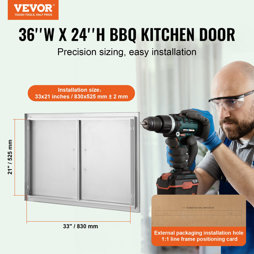 VEVOR BBQ Access Door, 915x610 mm Διπλή Πόρτα Εξωτερικής Κουζίνας, Πόρτα από ανοξείδωτο ατσάλι Flush Mount, Επιτοίχια Κάθετη Πόρτα με χερούλια, για BBQ Island, Ψητοπωλείο, Εξωτερικό ντουλάπι