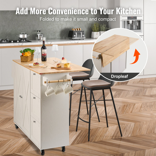 VEVOR Kitchen Island Cart με μασίφ ξύλινη κορυφή, 45,3&quot; πλάτος κινητά καρότσια με ντουλάπι αποθήκευσης, κυλιόμενο τραπέζι κουζίνας με σχάρα μπαχαρικών, σχάρα για πετσέτες, φύλλο και συρτάρι, φορητά νησιά σε ρόδες, λευκό