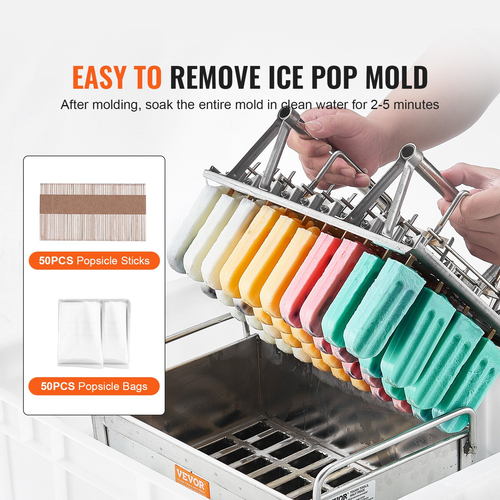 Εμπορικές φόρμες για Popsicle VEVOR, 40PCS Στρογγυλή κεφαλή Ice Pop καλούπια με διπλή υποδοχή, ανοξείδωτες φόρμες παγωτού Lolly Popsicle, Θήκη για καλούπια παγωτομηχανής με 50PCS ραβδιά και σακούλες