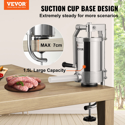 VEVOR Sausage Stuffer, χωρητικότητας 2,5LBS/1,5L, 304 Inox Vertical Sausage Stuff, Μηχάνημα πλήρωσης λουκάνικων με 3 σωλήνες γέμισης, βάση αναρρόφησης και χειροκίνητη μανιβέλα για οικιακή ή εμπορική χρήση