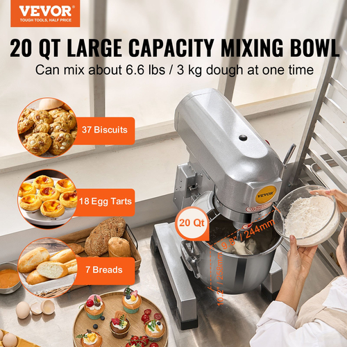 VEVOR Commercial Food Mixer 18.7L 3-Speed ​​Stand Dough Mixer 1100W for Restaurant