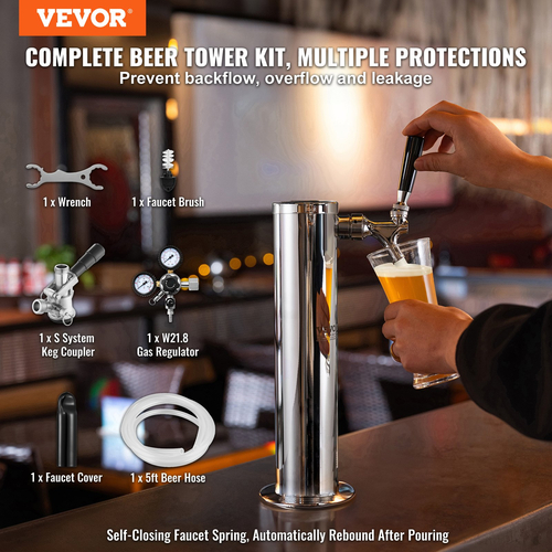 VEVOR Kegerator Tower Kit, Single Tap Beer Conversion Kit, Ανοξείδωτος ατσάλι Keg Beer Tower Dispenser με διπλό μετρητή W21.8 &amp; S-System βαρελίσκοι για Party Home