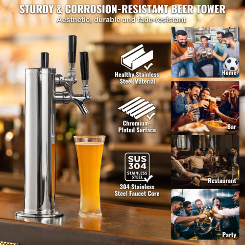 VEVOR Triple Taps Draft Beer Tower Dispenser, από ανοξείδωτο ατσάλι Keg Beer Tower, Kegerator Tower Kit με προσυναρμολογημένο σωλήνα και αυτοκλειόμενους κορμούς βρύσης για πάρτι, μπαρ, παμπ, εστιατόριο