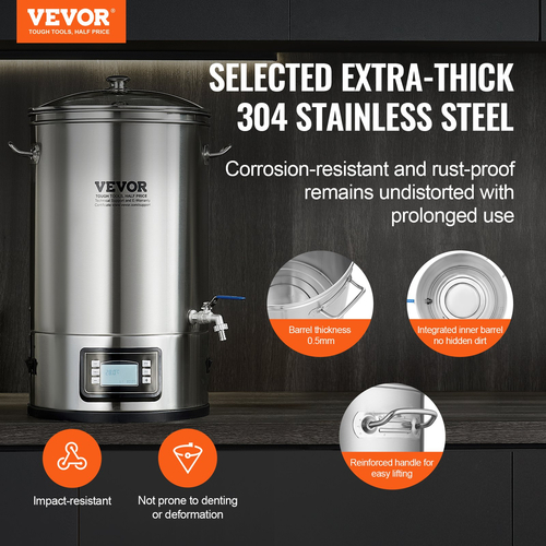 VEVOR Electric Brewing System, 8 GALLON Brewing Pot, All-in-One Home Beer Brewer, 304 Inox Steel Brewing System with panel, Περιλαμβάνει γυάλινο καπάκι, λαβή, στόμιο, ηλεκτρονικό πάνελ ελέγχου