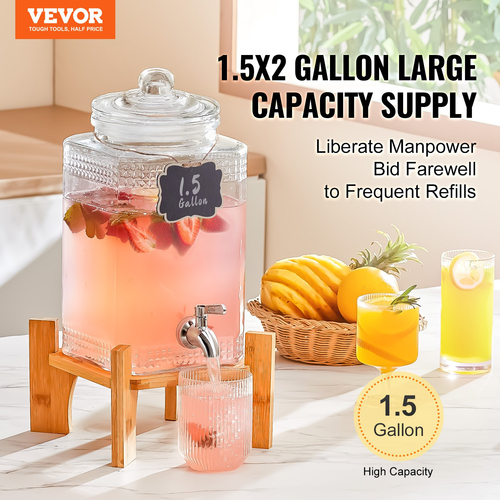 VEVOR Beverage Dispenser, 1,5 Gallon Dispenser για πάρτι, Glass Juice Dispenser with Stand, Stainless Steel Spigot, Iced Tea Juice Water Dispenser, για εστιατόρια, ξενοδοχεία, πάρτι