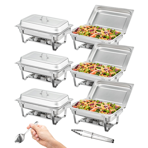 Σετ μπουφέ πιάτων VEVOR Chafing, 8 Qt 6 Pack, ανοξείδωτο τσόφλι με 6 τηγάνια πλήρους μεγέθους, Ορθογώνιος διακομιστής τροφοδοσίας ζεστός με καπάκι νερού πτυσσόμενη βάση βάσης θήκη καυσίμου Δίσκος κουταλιού, τουλάχιστον 8 ατόμων