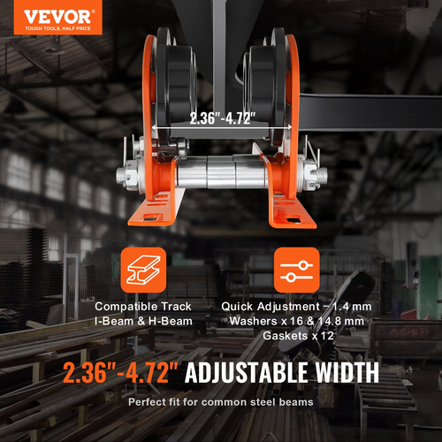 VEVOR Electric Hoist Manual Trolley, 1100 lbs/0,5 Ton Capacity for PA200 PA250 PA300 PA400 PA500, Push Beam Trolley with Dual Wheels, 2,36&quot;-4,72&quot; Ρυθμιζόμενο πλάτος καμπυλότητας φλάντζας για ευθεία