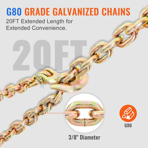 VEVOR Ratchet Chain Binder 2PCS, 3/8&quot;-1/2&quot; Heavy Duty Load Binders, with G80 Chains 12000 lbs Secure Load Limit, Labor-saving Anti-skid Handle, Tie Down Hauling Chain Binders for Flatbed Truck Trailer