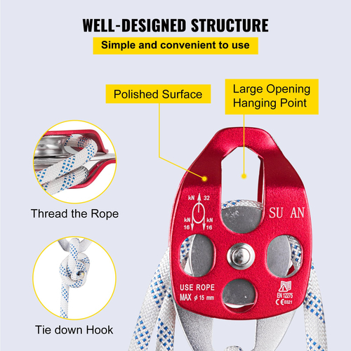 VEVOR Twin Sheave Block and Tackle 0,43-0,5Inch 100-200Ft Twin Sheave Block with Braid Rope 30-35KN 6600-7705LBS Double Pulley Rigging (7/16&quot; x 250&#039;)