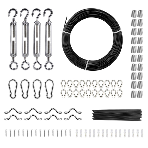 VEVOR Vinyl Coated Wire Rope Kit, 3/32 Cable Through 1/16 Diameter Inox, 7x7 Strands Κατασκευή με 189 αξεσουάρ για String Lights, Clothesline, Vine, 164 ft Black