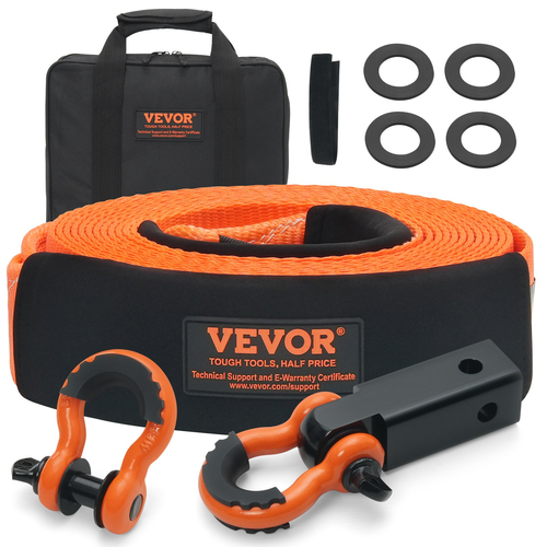 VEVOR Polyester Heavy Duty Tow Strap Recovery Kit 3&quot; x 30 ft (MBS-36.000 lbs) Ιμάντας βαρούλκου, Τριπλός ενισχυμένος βρόχος, ιμάντας αρπαγής + Δέκτης αγκίστρου 2&quot; + Δακτύλιοι D-Ring 3/4&quot; (2 τεμ.) + Stor