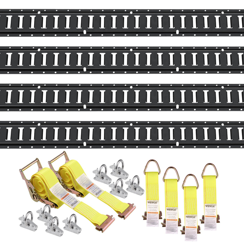 VEVOR E Track Tie-Down Rail Kit, 18PCS 5&#039; E-Tracks Set Περιλαμβάνει 4 χαλύβδινες ράγες &amp; 8 άγκυρες O-Ring &amp; 4 Tie-Off με D-Ring &amp; 2 ιμάντες καστάνιας, Αξεσουάρ ασφάλισης για μοτοσικλέτες Cargo, 2000 lbs