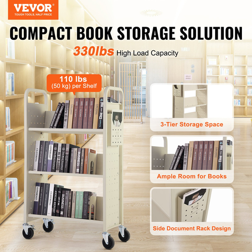 VEVOR Book Cart, 330 lbs Library Cart, 31,1&quot; x 15,2&quot; x 49,2&quot; Rolling Book Cart, μονόπλευρα ράφια σε σχήμα V με ρόδες 4 ιντσών που κλειδώνουν για οικιακά ράφια γραφείου και σχολείου, Book Truck σε κρέμα