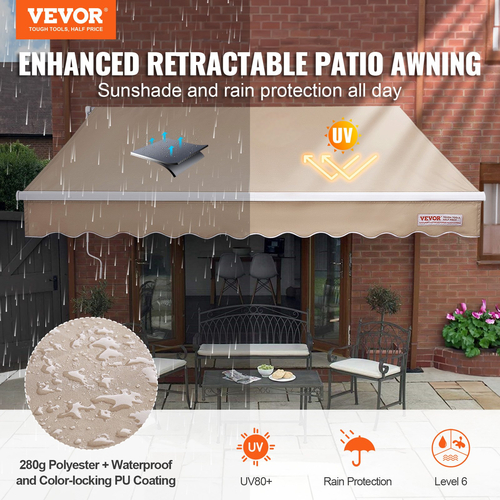 VEVOR Εγχειρίδιο αναδιπλούμενη τέντα, 10 x 8 ft Outdoor Patio Awning Retractable Sun Shade, Αδιάβροχο Πολυεστερικό παράθυρο Πόρτας Patio Τέντα Στέγαστρα με μανιβέλα για πίσω αυλή, μπαλκόνι