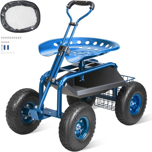 Κάθισμα εργασίας VEVOR Garden Cart Rolling με ρόδες, σκαμπό κηπουρικής για φύτευση, περιστρεφόμενο κάθισμα 360 μοιρών, σκούτερ βαγόνι με λαβή τιμονιού &amp; δίσκος βοηθητικών εργαλείων, χρήση για βεράντα, αυλή και εξωτερικούς χώρους, μπλε