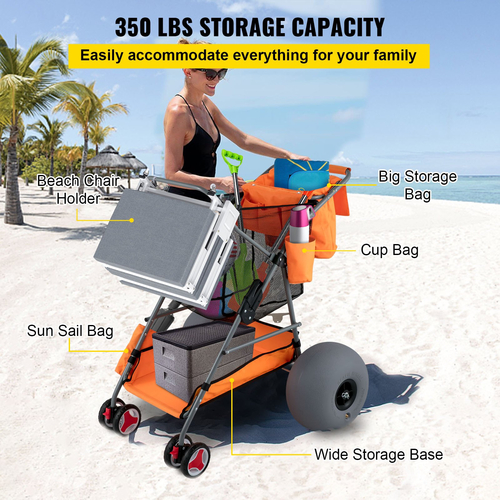 VEVOR Beach Wonder Wheeler, 12&quot; τροχοί παντός εδάφους με μπαλόνι, 350 lbs Cart Beach for Sand, Beach Buggy με θήκη για σαγιονάρες, τσάντα αποθήκευσης, 2 θήκες για καρέκλες παραλίας, πορτοκαλί