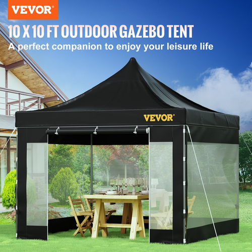 VEVOR 10 x 10 FT Pop Up Σκηνή με κουβούκλιο, Τέντα κιόσκι εξωτερικού χώρου με αποσπώμενα πλευρικά τοιχώματα και τσάντα με τροχούς, αδιάβροχο στιγμιαίο καταφύγιο κιόσκι για πάρτι, κήπο, αυλή, μαύρο