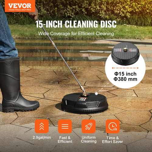 VEVOR Pressure Washer Surface Cleaner Universal 15&quot;, Pressure Washer Attachment 4000 Max PSI with 2 Extension Wand, 1/4&quot; Quick-Connect Connector Power Concrete Cleaner, For Floor Driveway, Patio