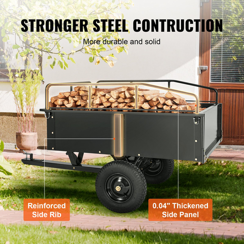 VEVOR Heavy Duty ATV Trailer Steel Dump Cart, 750-Pound 15 Cubic Feet, Garden Utility Trailer with αφαιρούμενες πλευρές για ιππασία χλοοκοπτικού τρακτέρ